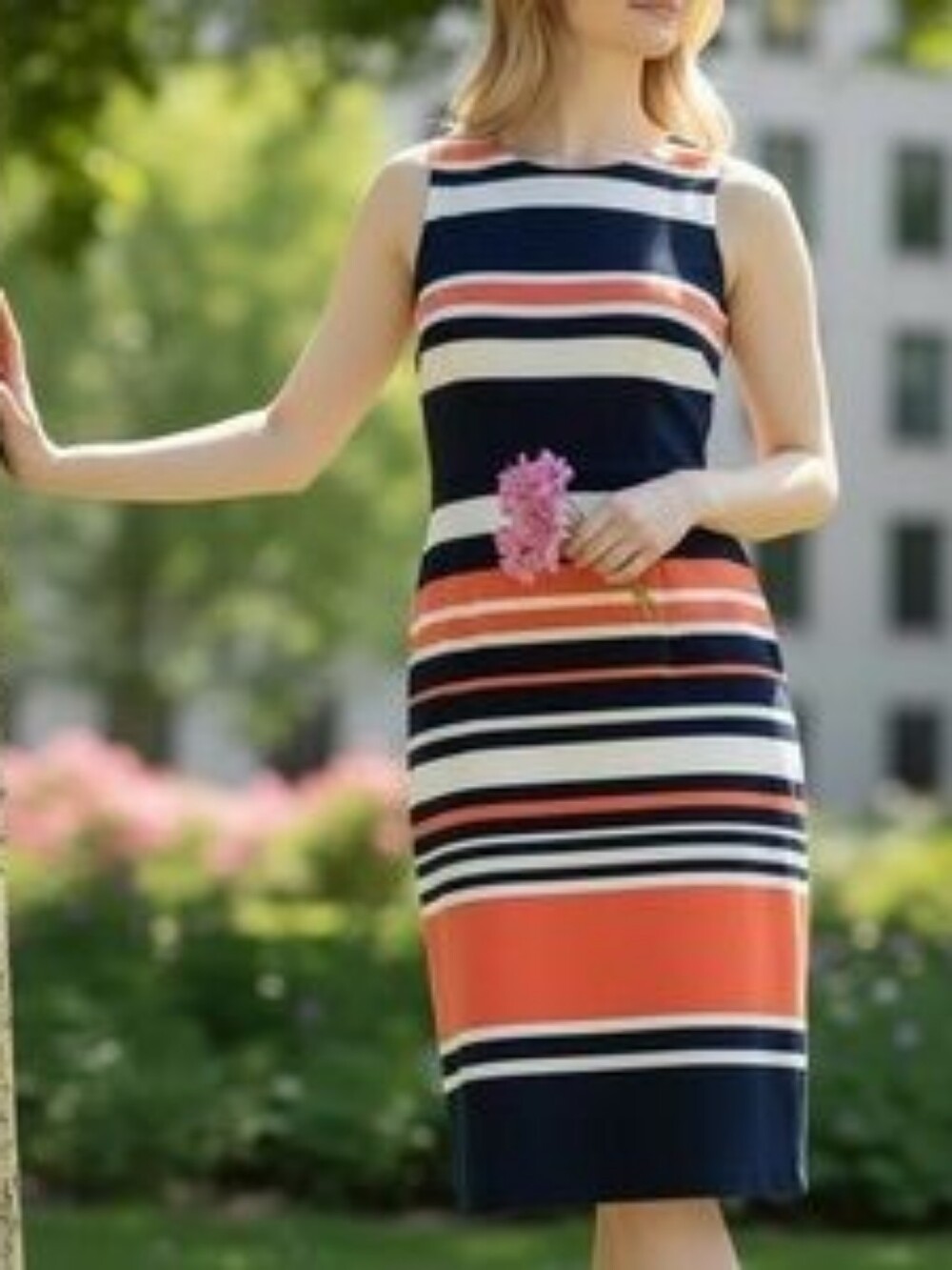 Amanda Lane Sleeveless Striped Mini Dress in Dark Blue, White & Coral/Orange - Picture 1 of 7
